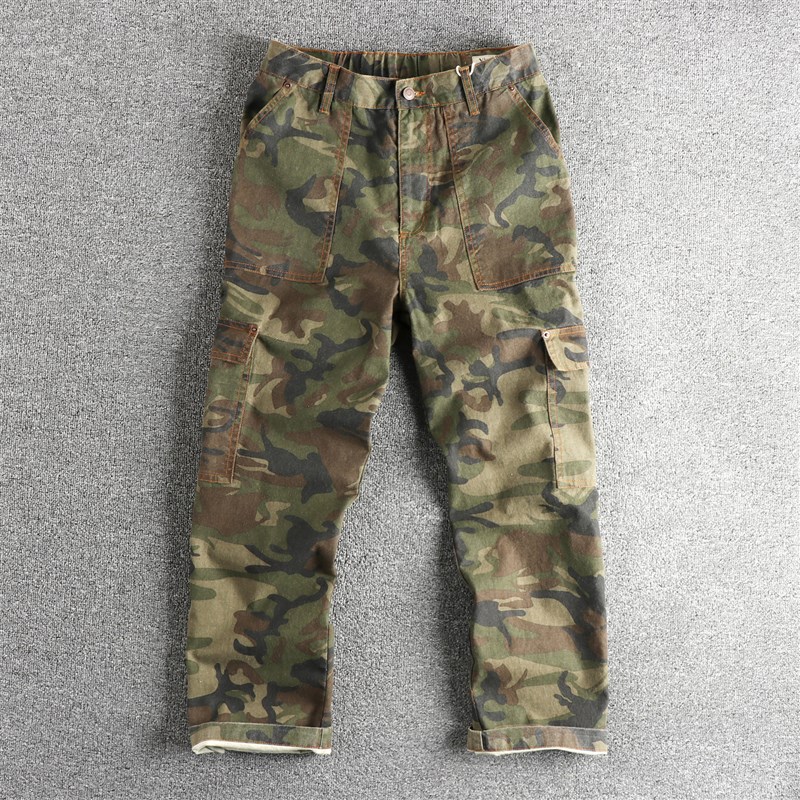 阿美咔叽复古廓形宽松直筒休闲裤男纯棉梭织水洗做旧迷彩工装长裤