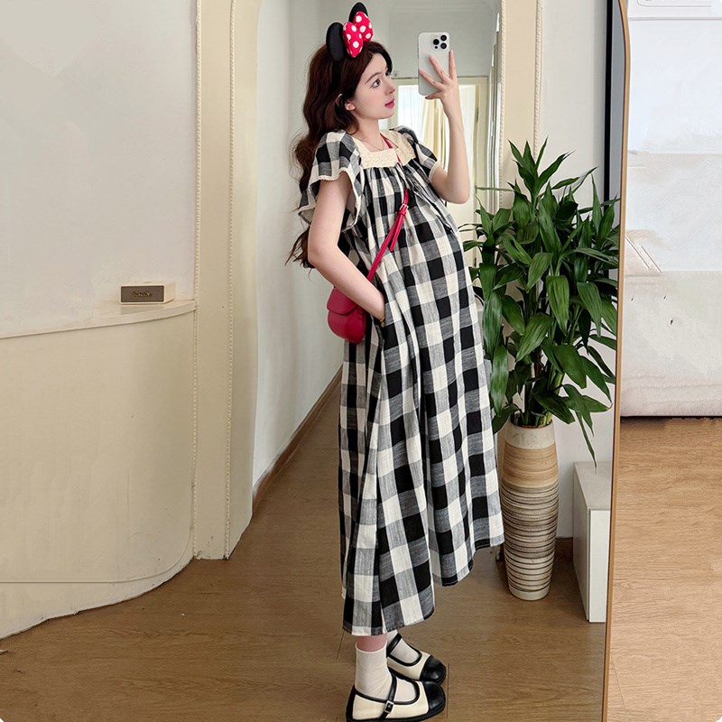复古风孕妇夏季森系连衣裙2025新款森系格子吊带T裙显瘦长裙外出