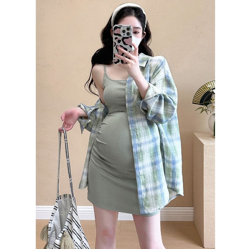 孕妇连衣裙甜辣酷妹夏装吊带短裙时尚辣妈紧身裙宽松衬衫套装夏季