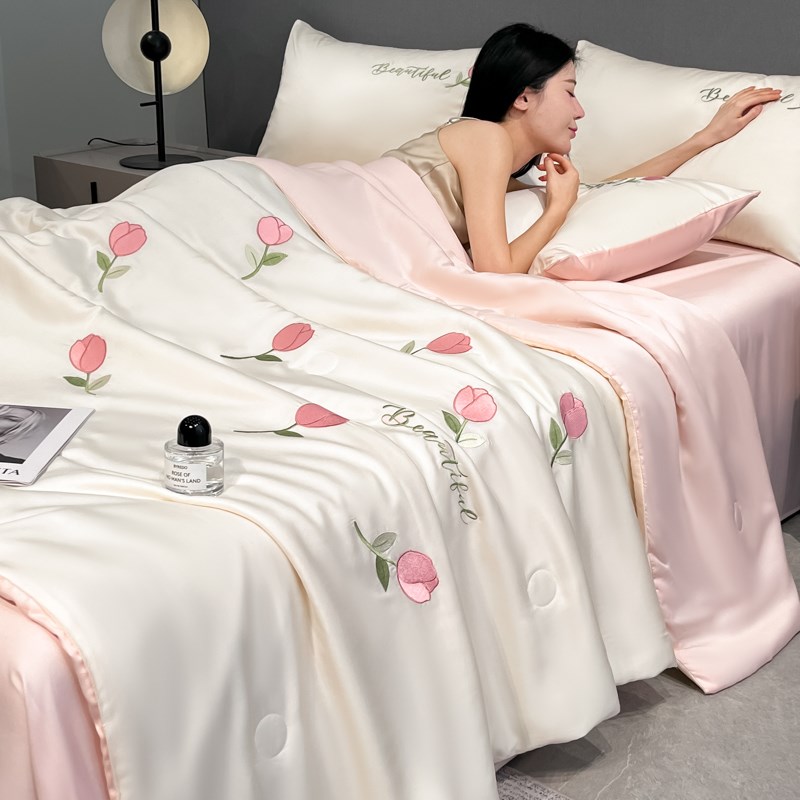 水洗真丝夏被四件套可机洗冰丝空调被可机洗双人学生宿舍冷气被子