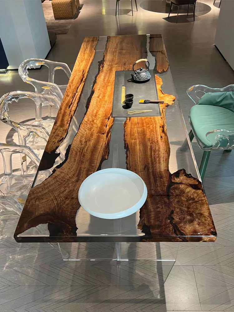 树脂茶桌椅组合环氧透明水晶河流桌大板桌树脂胶流水茶台木板茶几