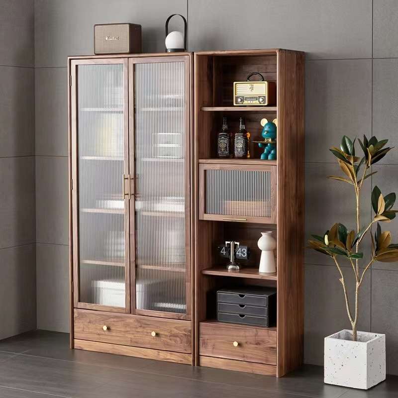北欧全实木书柜置物柜展示柜黑胡桃木组合书柜玻璃门储物柜收纳柜