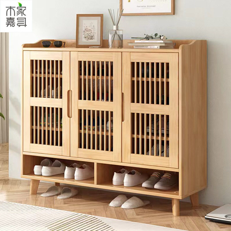 北欧实木格栅透气鞋柜客厅玄关储物柜家用入户超大容量鞋子收纳柜