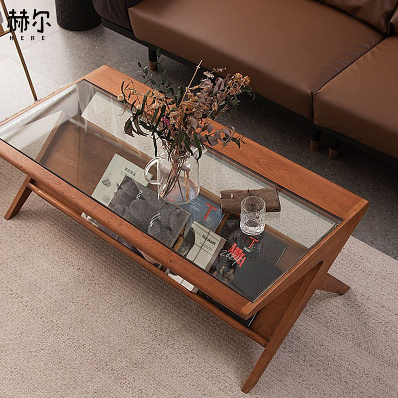 小户型北欧复古樱桃木玻璃茶几