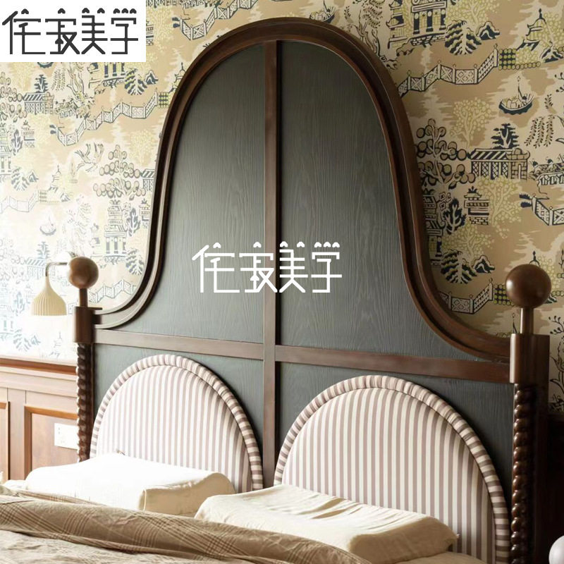 老巴黎实木床复古做旧美式双人婚床主卧床法式南洋中古风高背软床