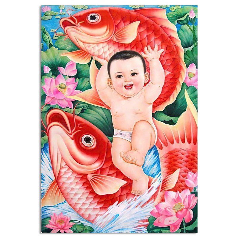 年画娃娃老式墙贴画送子图挂画抱鱼福娃年年有余福男宝装饰挂宝宝