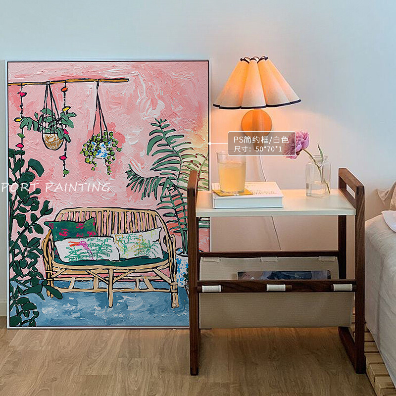 港画艺 术家LaraMeintjies油画阳台猫咪藤椅粉色系卧室摆件装饰画图片