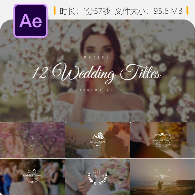 婚礼AE模板现代复古电影风格婚礼片头动画4K视频包婚礼合集包