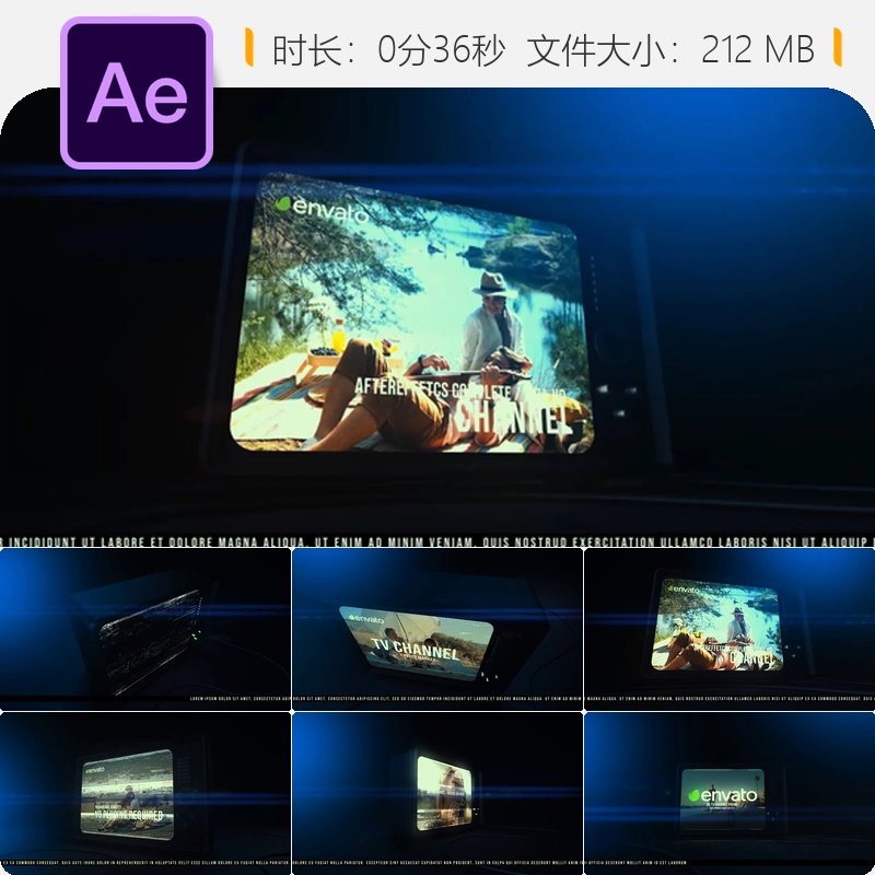 复古电视频道品牌宣传AE模板多屏视频墙展示片头3D标志动画效果