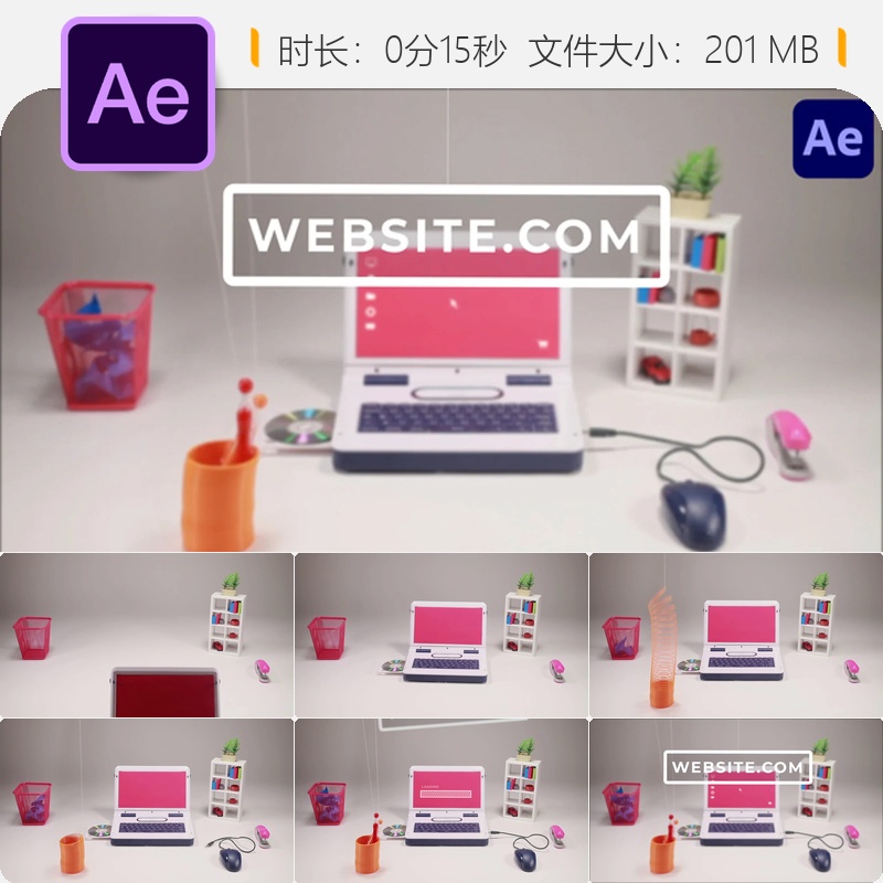 真实办公场景AE模板3D微型桌面鼠标笔记本电脑室内装饰日常用品