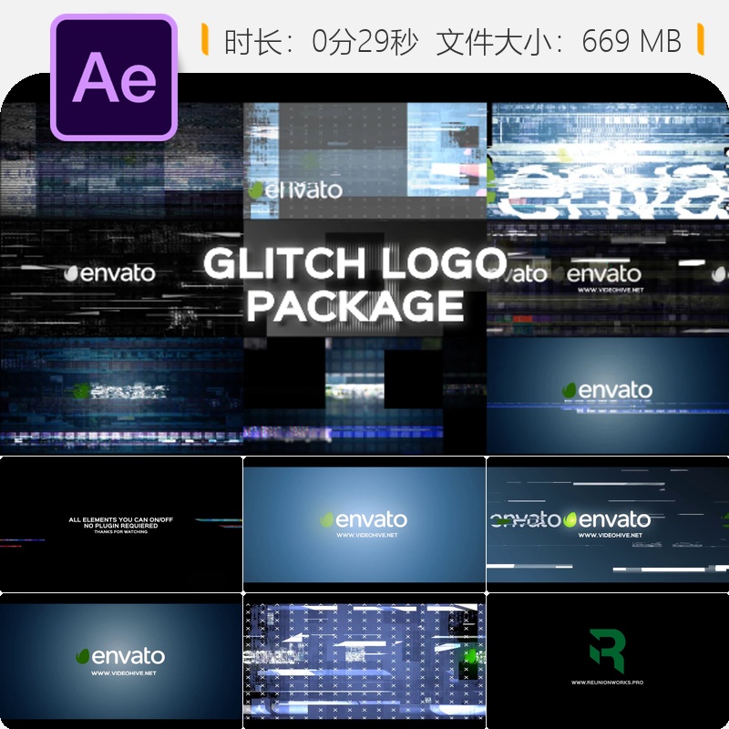 故障失真AE模板LOGO动画科技数字信号噪点电视效果数据错误风格
