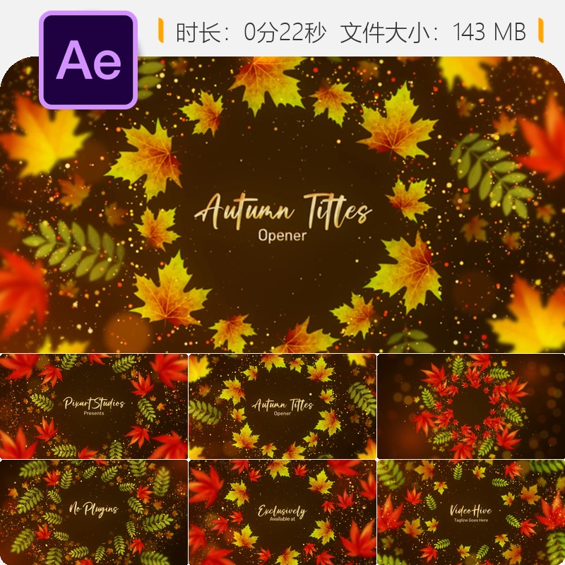 秋日优雅落叶AE模板4K片头动画商务节日活动开场枫叶元素设计