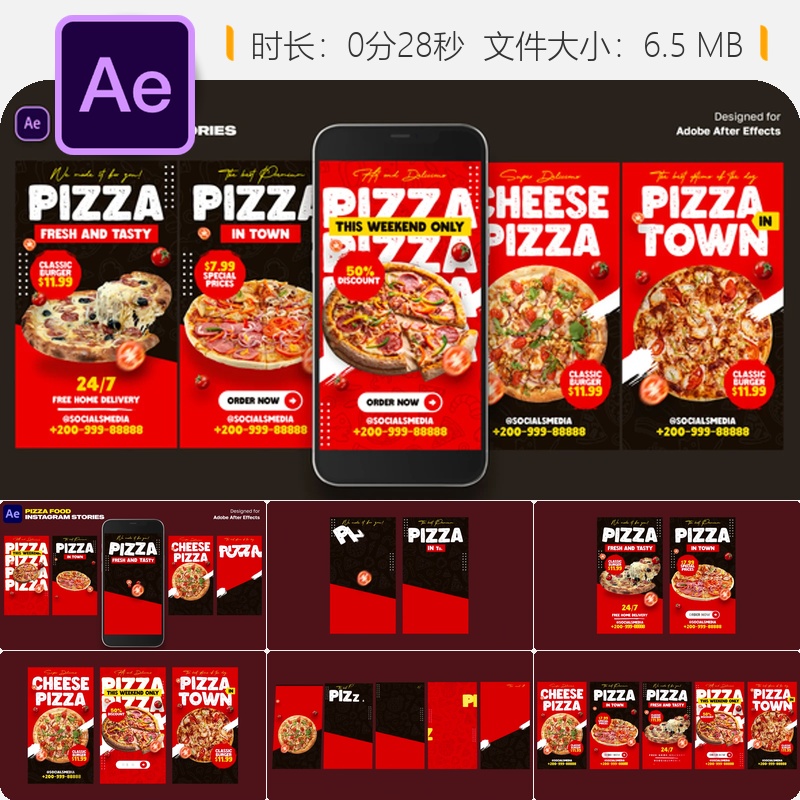 披萨美食Instagram故事AE模板动画社交媒体商业促销免费字体包