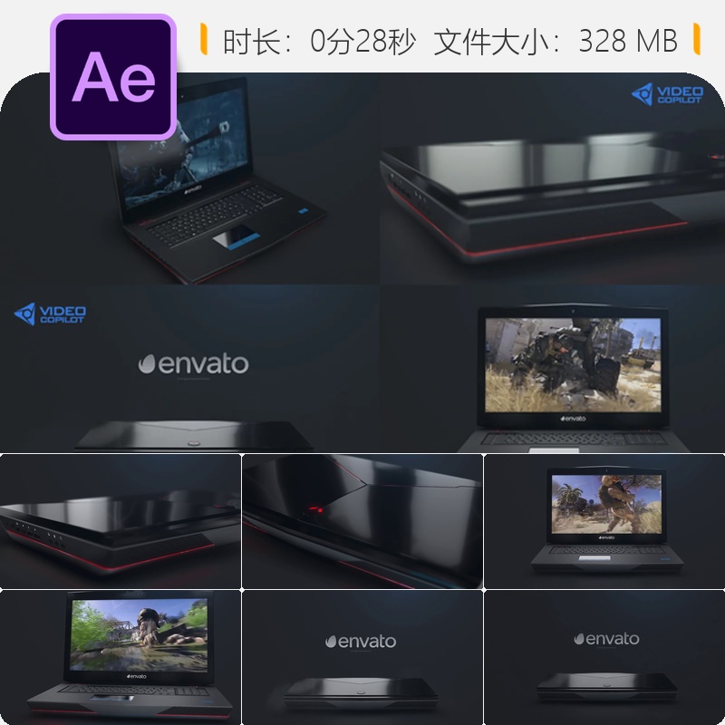 笔记本电脑游戏开场AE模板商业广告LOGO动画Element3D片头设计