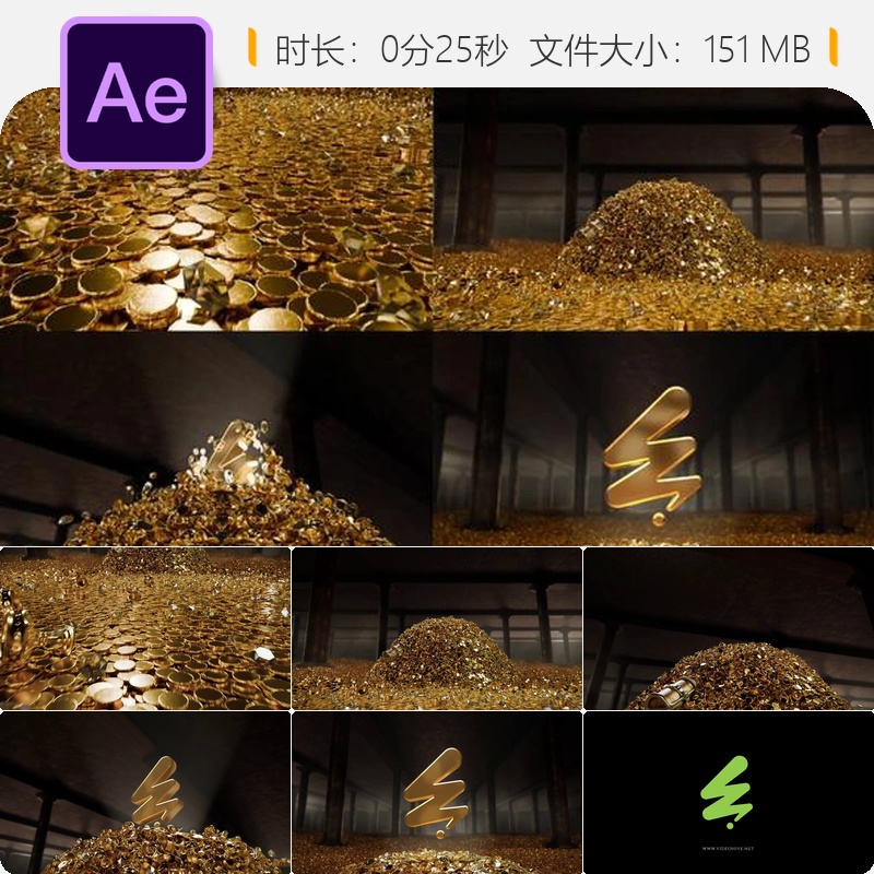 黄金宝藏AE模板3D钻石爆炸LOGO动画历史珠宝电影特效金币元素