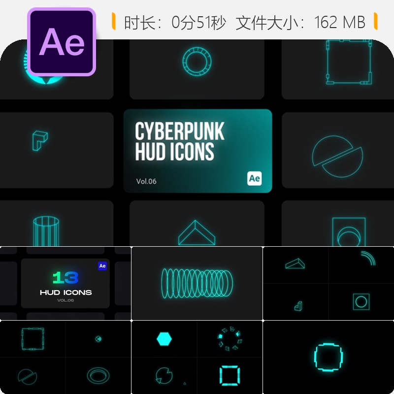 赛博朋克HUD霓虹光效AE模板未来城市游戏图标动画元素设计合集