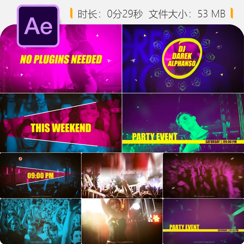 AE模板夜店派对迪斯科俱乐部宣传片开场片头音乐节电子舞曲AE