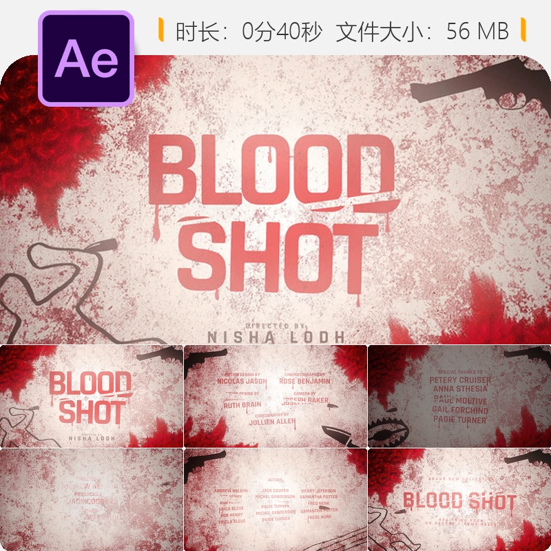 血溅片头AE模板电影片尾字幕3D动作史诗级片名动画特效4K素材