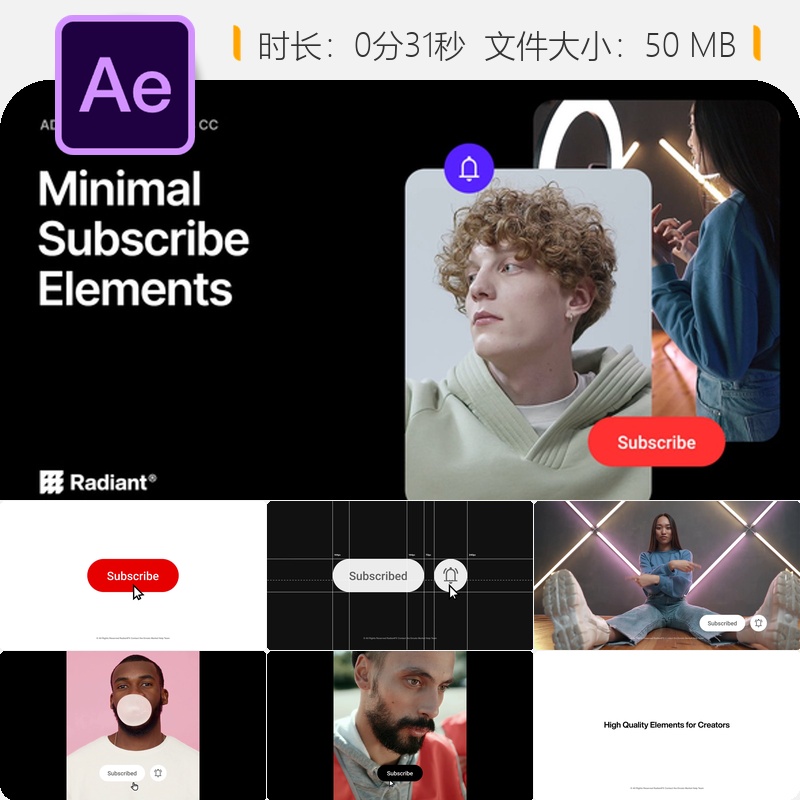 AE模板社交媒体订阅按钮多语言可调整设计元素动画特效模板素材