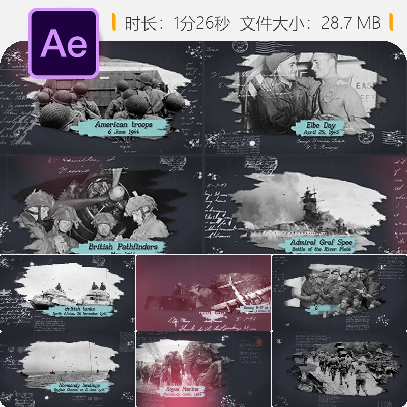 复古战争历史照片画廊幻灯片开场AE模板怀旧记忆相册历史宣传片