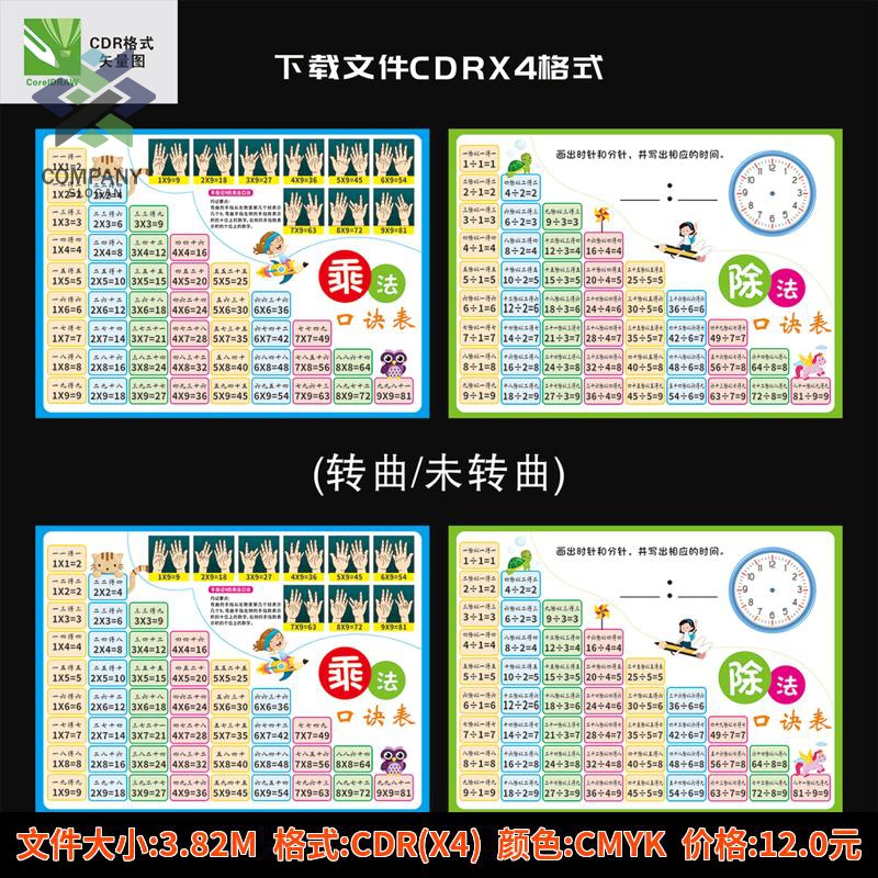 儿童九九乘法除法口诀表挂墙贴剩法乘除法99乘法挂图贴纸数学cdr