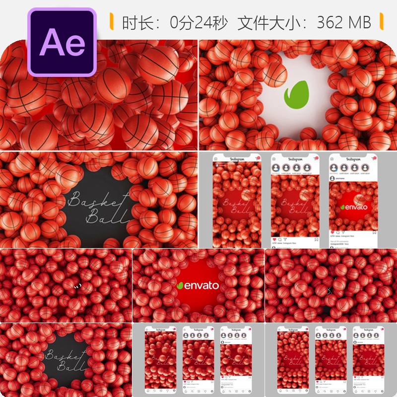 篮球运动标志开场AE模板3D优雅风格LOGO动画视频片头设计制作