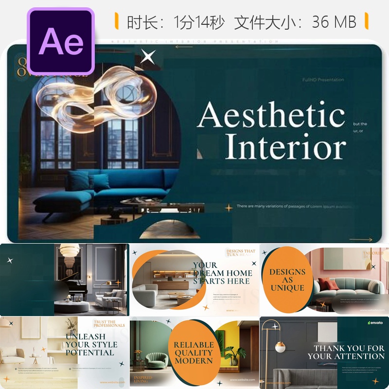 优雅室内展示AE模板时尚房地产幻灯片过渡动画4K高清商业广告