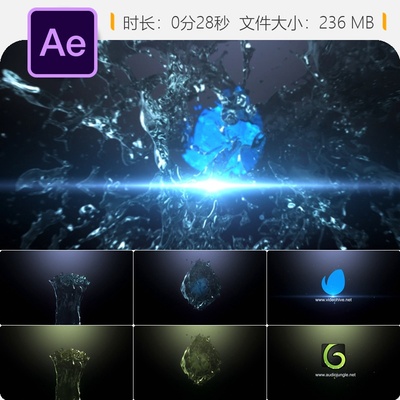 液态水花飞溅LOGO动画AE模板纯净企业风格流体碰撞抽象水元素