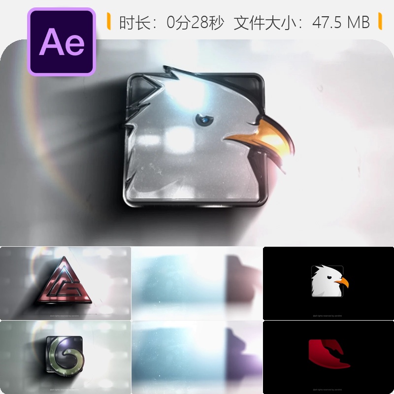 AE模板抛光铬金属3D标志动画优雅简洁反射光泽无需插件流畅专业