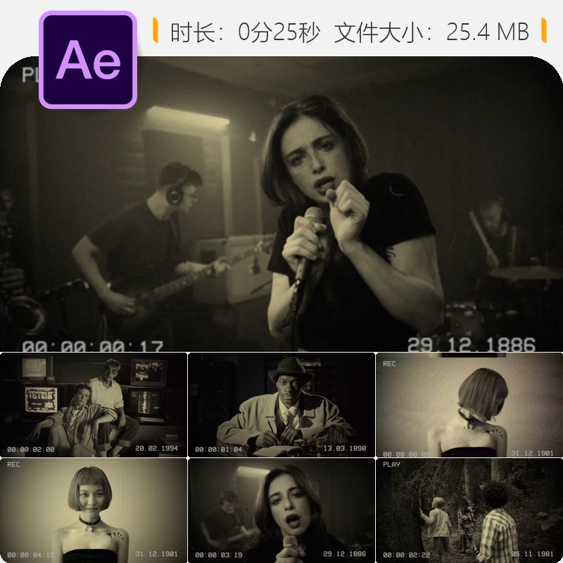 复古黑白胶片电影开场AE模板老式影院8毫米怀旧影片色彩校正包