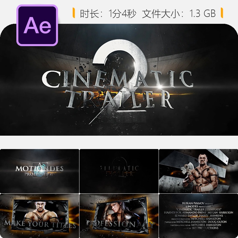 AE模板电影预告片片头金属火焰元素3D标志动画动作史诗级游戏