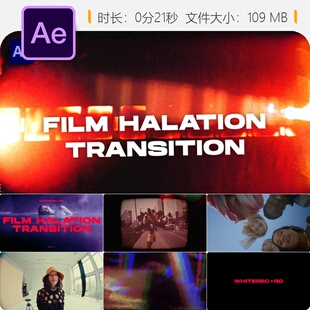 Film Halation VOL 2 AE模板电影颗粒损坏胶片复古风格转场特效