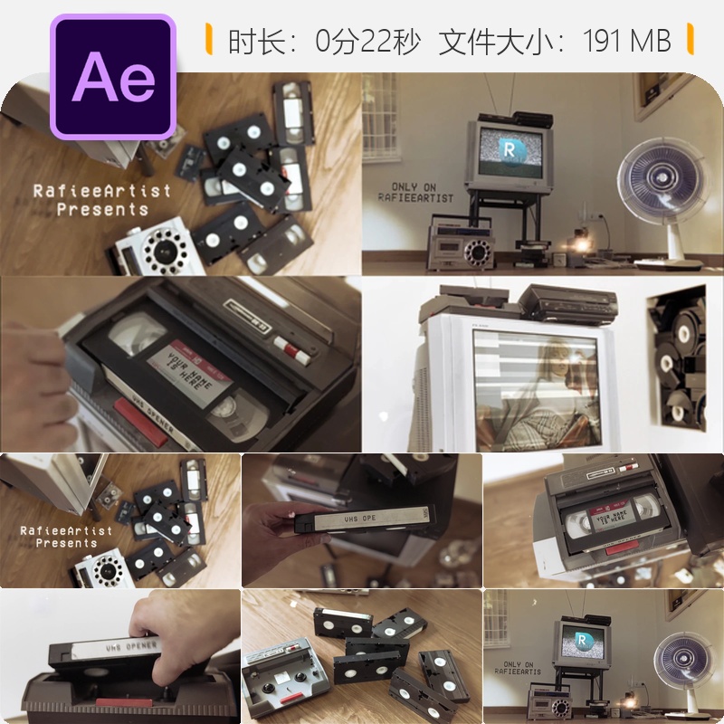 复古VHS故障信号AE模板视频开场特效4K老式录像带风格RGB色彩分离
