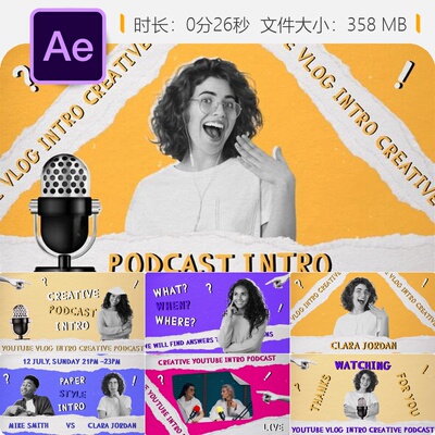 Paper Style Podcast AE模板4K动态开场视频制作品牌广告频道包装