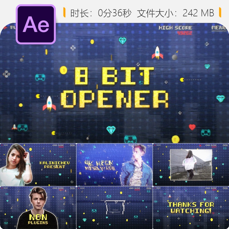 8位复古像素游戏开场AE模板怀旧街机风格视频片头动画制作素材