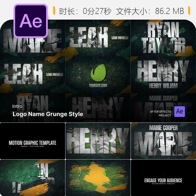 Grunge风格LOGO动画片头AE模板社交媒体品牌宣传视频制作特效