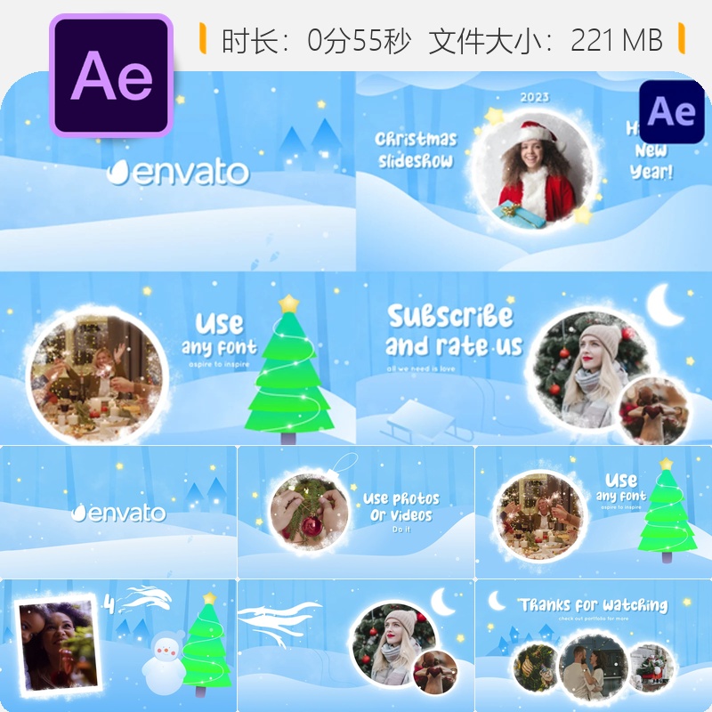 圣诞新年贺卡AE模板卡通节日祝福幻灯片片头动画4K高清视频制作