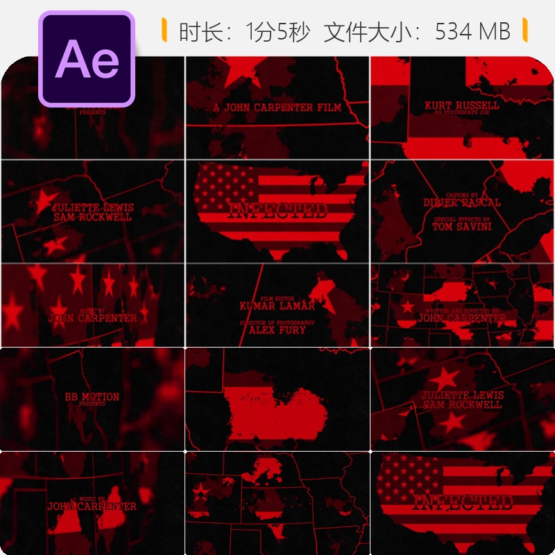 Infected恐怖电影片头AE模板好莱坞风格4K电影开场动画设计制作