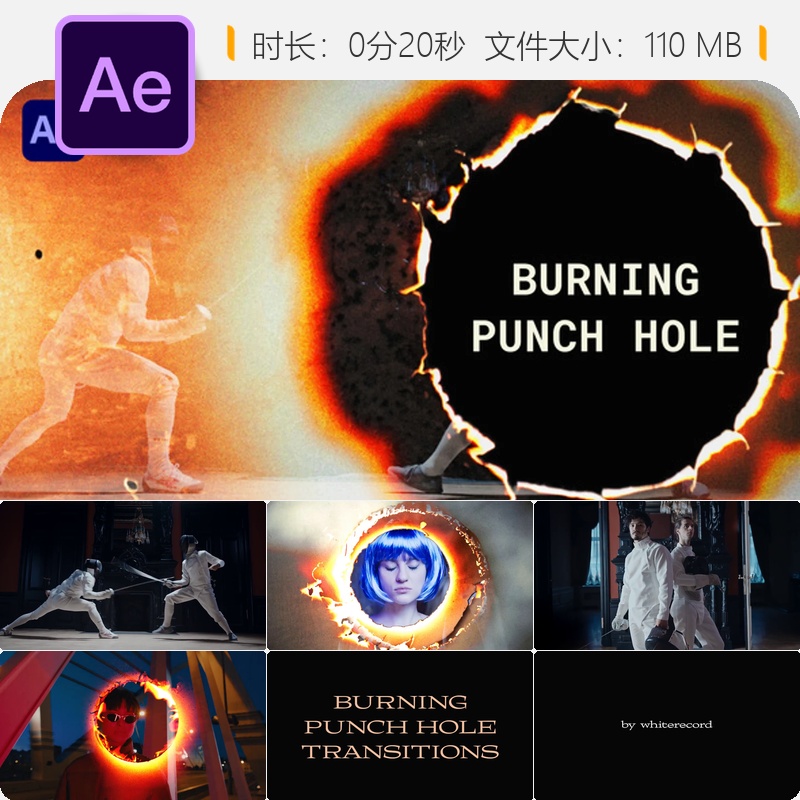 燃烧穿孔转场AE模板复古电影胶片35毫米特效转场包Premiere Pro