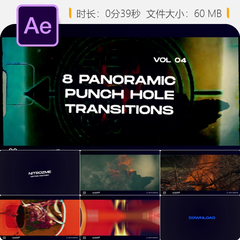 AE模板全景转场动画特效社交媒体视频制作无缝过渡转场效果插件