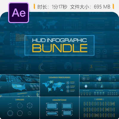 HUD科幻科技信息图表AE模板数字界面未来数据可视化全息投影效果