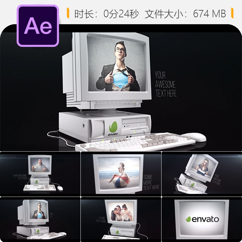 复古电脑系统数据监控数字硬件设备IBM计算机AE模板4K动画特效