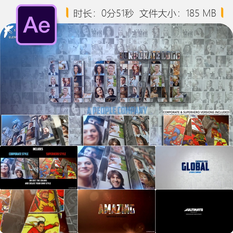 企业超级英雄漫画风格马赛克公司LOGO动画AE模板4K专辑展示片