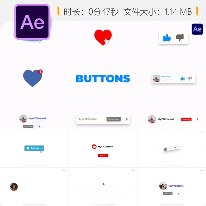 社交媒体按钮动画AE模板滑动特效社交媒体元素设计社交媒体图标