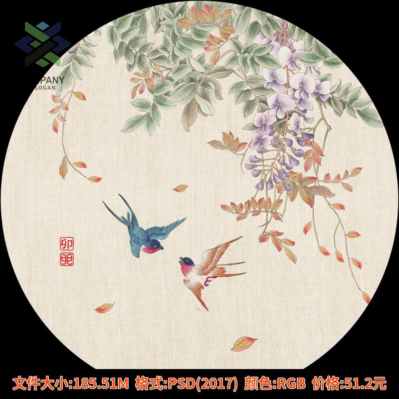 新中式水墨手绘禅意荷花花鸟圆形装饰画挂画高清图库设计PSD素材图片