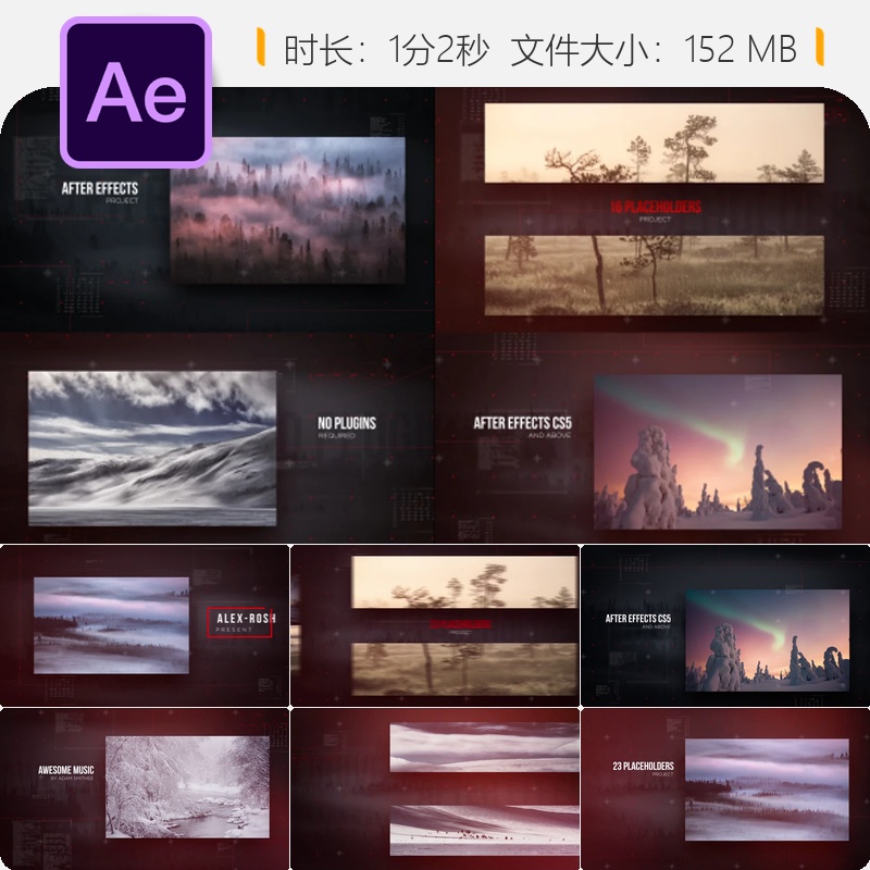 AE模板红色科技感片头动画视频展示开场效果4K分辨率动态背景