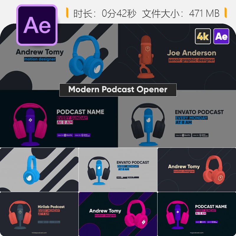 现代播客开场AE模板简约麦克风音频4K电台节目片头动画设计制作