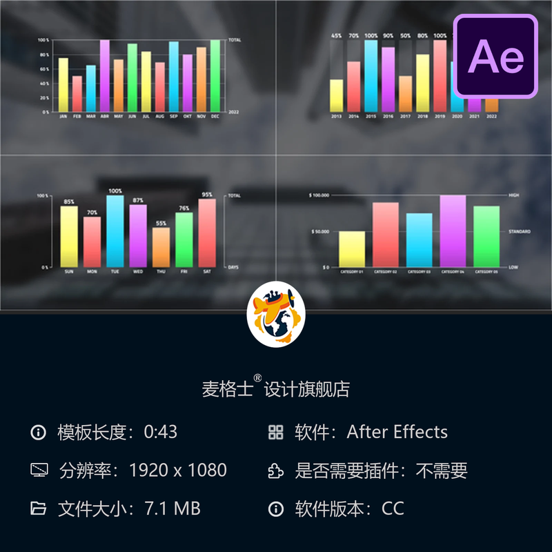 竖条信息图AE模板数据图表商业增长动画企业品牌展示设计模板