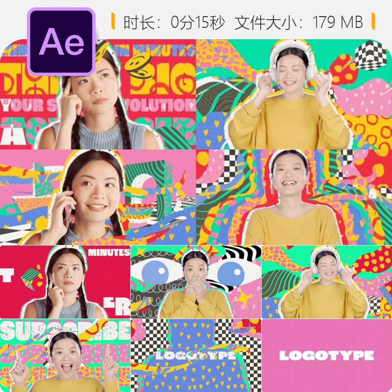 PopArt风格AE模板动态抽象艺术卡通元素广告开场视频片头设计