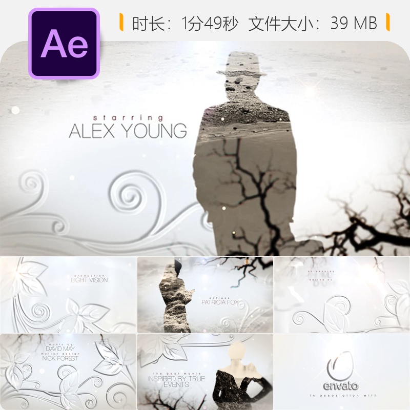 白色电影AE模板史诗片头开场白4K标志动画设计制作教程素材合集